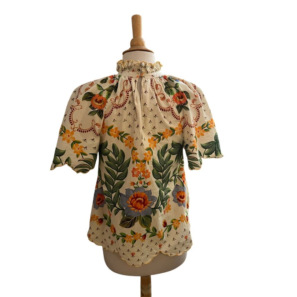 FARM Rio Anthro Short Sleeve High Neck Floral Printed Cotton Blouse Top Sz S - Picture 4 of 6